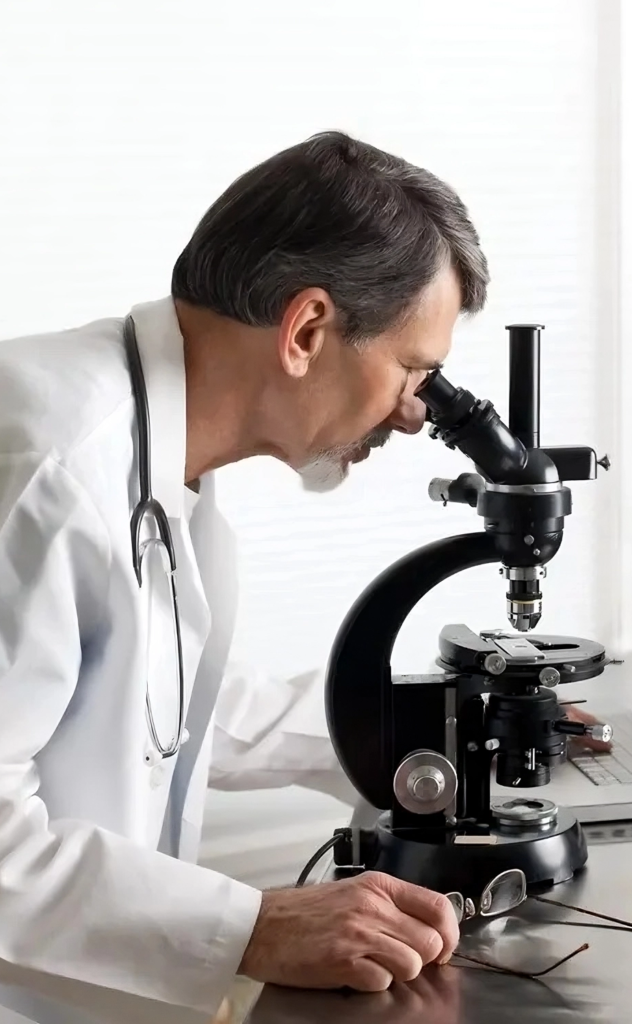 Scientist analyzing MemoMaster formula under microscope